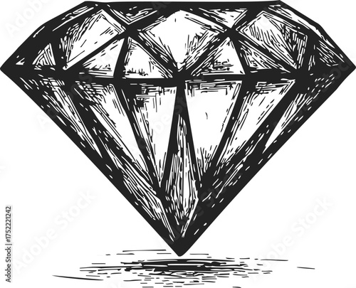 Diamond sketch hand drawn gemstone with detailed facets and shadow — stock vector