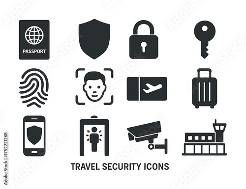 Travel security icons: passport, shield, lock, key, fingerprint, face id, airplane, luggage, phone, scanner, camera, control tower