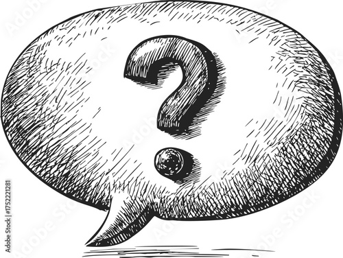 Question mark in speech bubble sketch, hand drawn style, crosshatch shading — stock vector