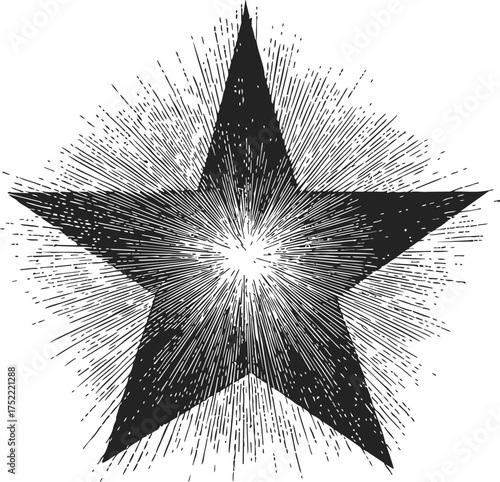 Star sketch hand drawn with radiant burst lines, black and white graphic — stock vector