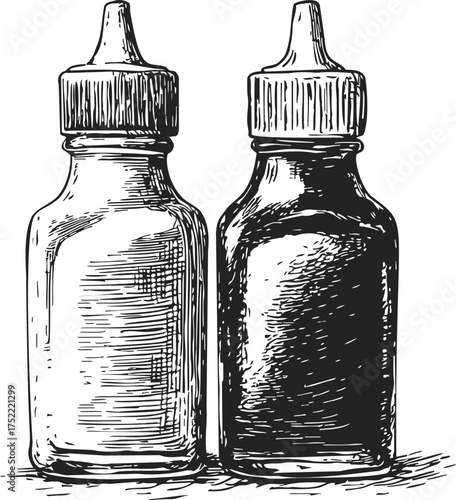 Ink bottles sketch hand drawn style with detailed shading and vintage texture — stock vector