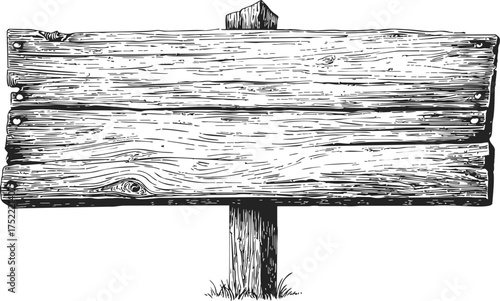 Wooden sign sketch hand drawn rustic blank board with post and grass — stock vector