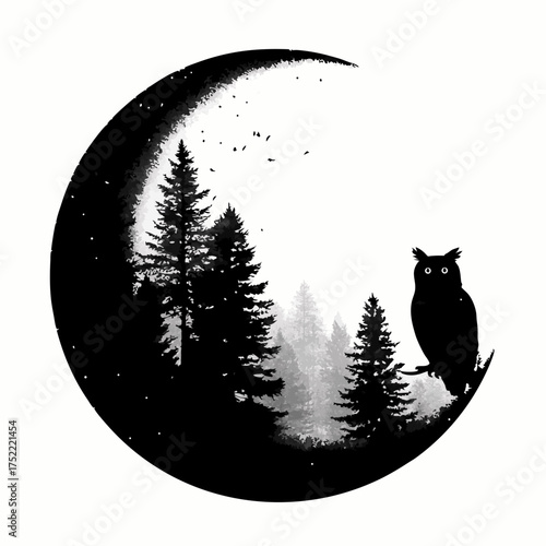 A nocturnal forest scene with an owl silhouetted against a crescent moon