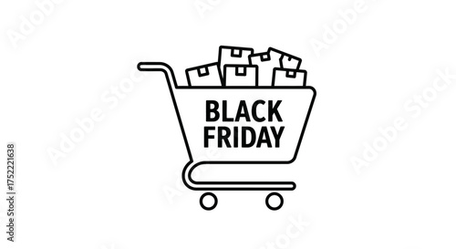Black Friday Shopping Cart with Boxes Line Icon.