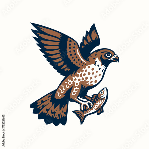 Powerful raptor, a majestic falcon in flight, clutching a freshly caught fish in its talons, dynamic wildlife hunting illustration.
