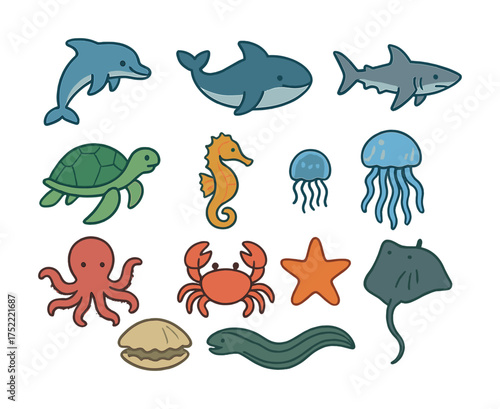 Colorful cartoon sea creatures collection for kids' learning and fun