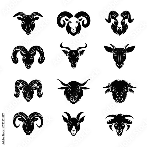 Collection of fierce horned animal head vector icons for logo and mascot design. Set includes stylized silhouettes of goats, rams, and sheep.