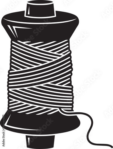 Black and white illustration of a sewing thread spool with unwound end, craft supply.