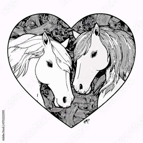 Two horses nuzzle inside a heart shape with abstract background