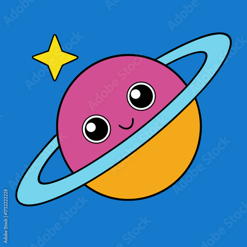 Kawaii saturn planet vector illustration with rainbow ring and star isolated on white background