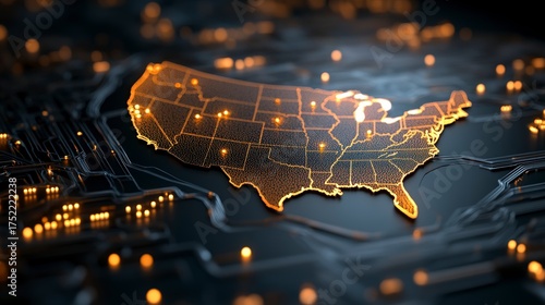 Detailed Illustration of a U.S. Map with Circuit Board Design and Glowing Nodes on Dark Background