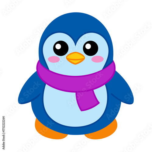 Kawaii penguin vector illustration cute cartoon character with pink cheeks and scarf isolated on white background