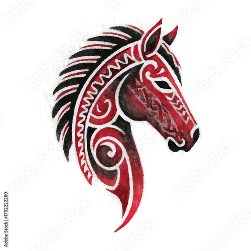 Stylized Horse Head in Red, Black and White