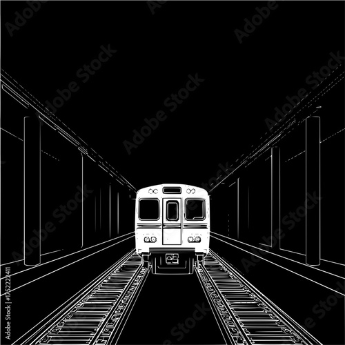 A subway train approaches head on in a dark tunnel with tracks and support columns in black and white style