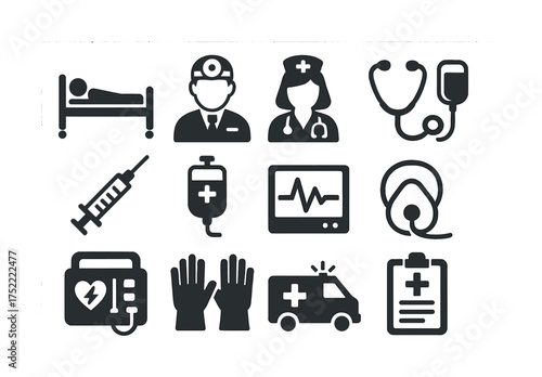 Healthcare icons set: medical professionals, equipment, and emergency services symbols