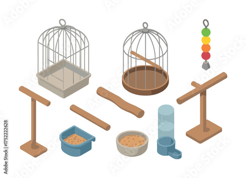 Isometric birdcages with food and perches set