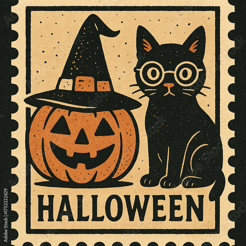 Vintage Halloween Stamp Vector Art – Pumpkin with Witch Hat & Bespectacled Black Cat