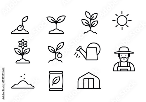 Agriculture icons set: growth, planting, watering, harvesting, farming elements