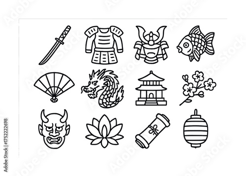 Traditional japanese symbols: samurai, dragon, cherry blossoms, and more line art