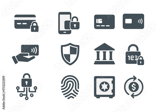 Secure payment icons: cards, mobile, lock, shield, bank, fingerprint, safe