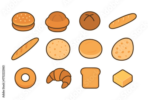 Illustrated assorted bakery items: buns, bread, croissant, and more