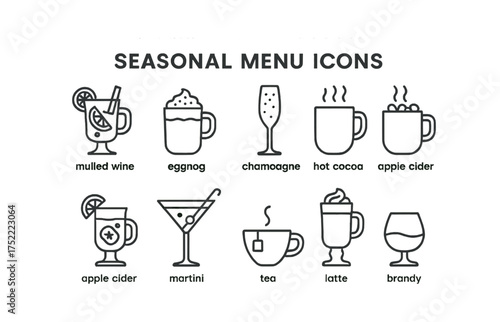 Seasonal menu icons: drinks featuring mulled wine, eggnog, champagne, hot cocoa, apple cider