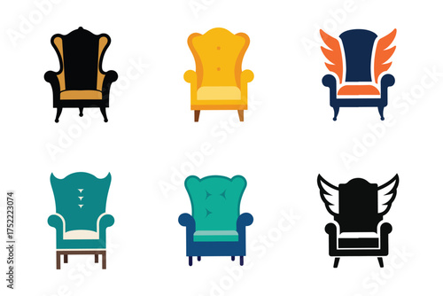 Collection of Unique Chair Designs in Flat Vector Style Representing Furniture and Creative Concepts Six Different Versions