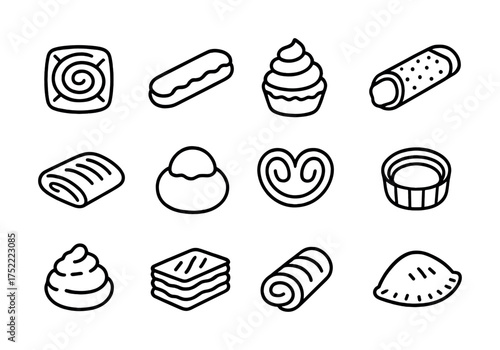 Assorted bakery pastries icon set – eclairs, tarts, and cookies