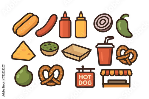 Cartoon fast food icons: hot dog, pretzel, condiments, drink, stand, and more
