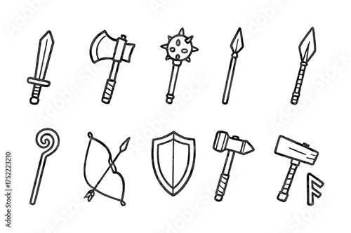 Hand-drawn medieval weapons collection: swords, shields, axes, and more
