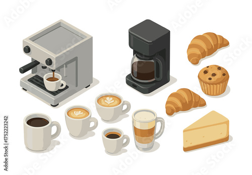 Coffee and pastry assortment with croissants, cappuccinos, and cheesecake