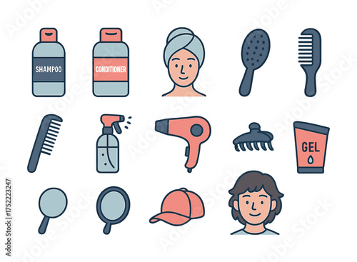 Hair care icons collection featuring products and tools with male and female figures