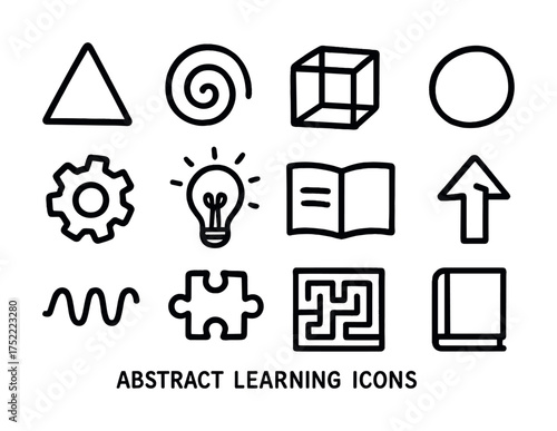 Abstract learning icons: geometric shapes, gear, light bulb, book, maze, puzzle, arrow