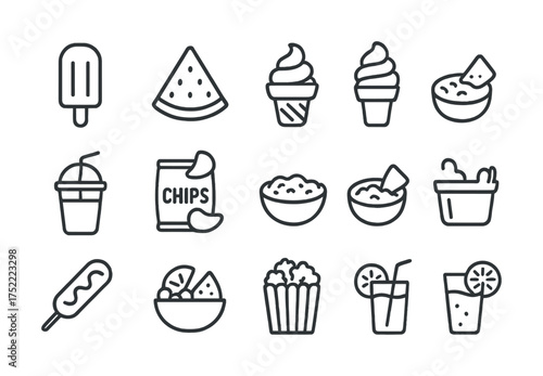 Assorted snack icons including ice cream tacos chips drinks popcorn