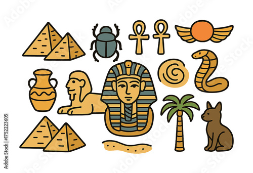 Ancient egyptian symbols: pyramids, pharaoh, ankh, scarab