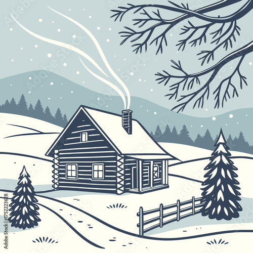 Cozy log cabin in a snowy winter landscape with smoke from chimney