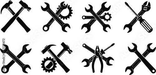 Crossed Tools Icons Set, Hammers, Wrenches, Gears, Screwdrivers on Transparent Background