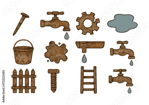 Rusty tools collection: faucets, gears, buckets, and hardware elements