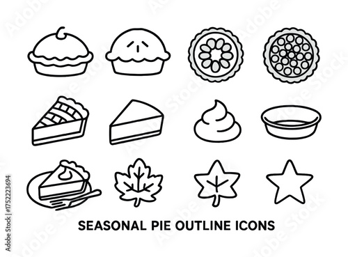 Seasonal pie outline icons: slices, whole pies, leaves, stars, cream topping
