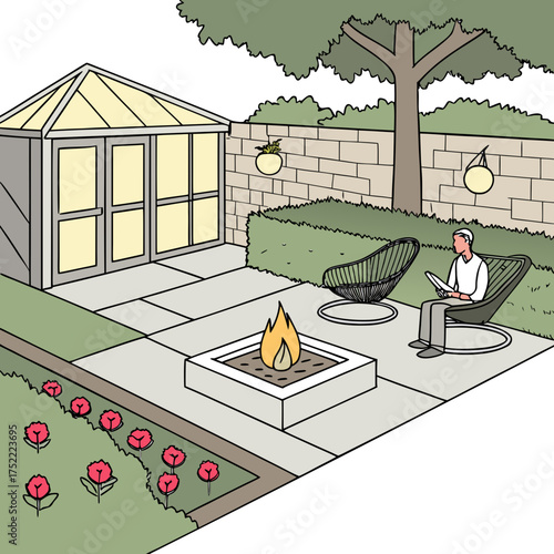 Modern backyard oasis with a man relaxing by a fire pit and greenhouse