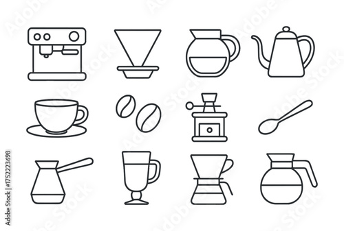 Coffee equipment line art: espresso machine, dripper, grinder, and accessories