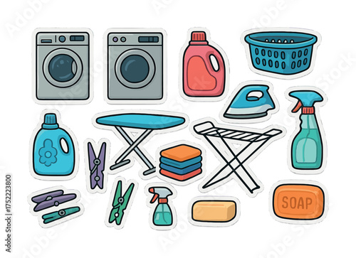 Colorful laundry room essentials illustration with washer, dryer, and cleaning supplies
