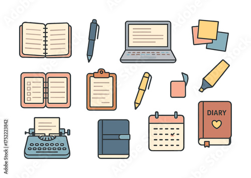 Collection of office supplies: notebooks, pens, laptop, typewriter, sticky notes, highlighter