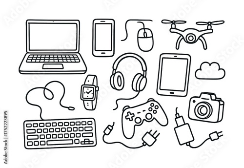 Hand-drawn digital gadgets: laptop, tablet, headphones, drone, and camera in black and white