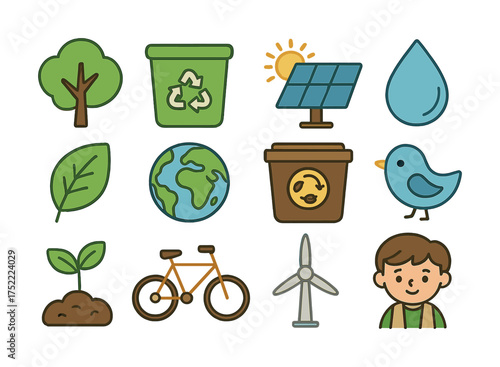 Eco-friendly icons collection featuring green technology and conservation symbols