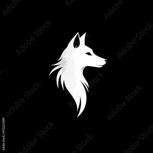 Elegant white stylized wolf head profile on black background, modern minimalist graphic design animal logo concept illustration.