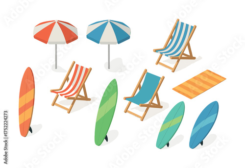 Isometric beach set with surfboards, umbrellas, and lounge chairs
