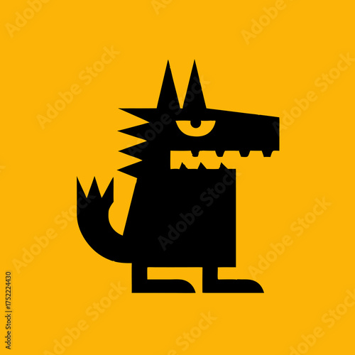 Black monster with sharp teeth and yellow eye on orange background