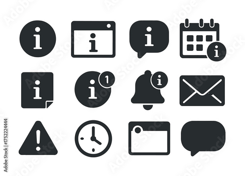 Icons set: information, alert, calendar, email, notification, clock, chat bubble