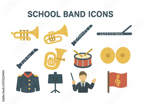 School band icons featuring instruments and conductor graphic